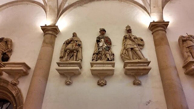 The Hall of the Kings at Alcobaca monastery, Mosteiro de Santa Maria de Alcobaca at Alcobaca, Portugal. A big gothic room with statues of all the kings of portugal