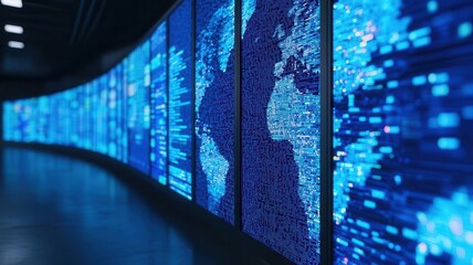 A digital wall display showing global financial data