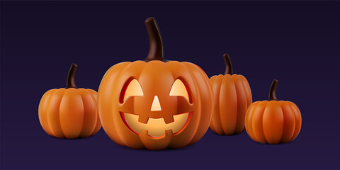 Halloween night pumpkin decor. 3d vector cute character with scary carved smiling face and glowing candle. Spooky orange cartoon horror jack o lantern. Realistic autumn thanksgiving sale funny banner