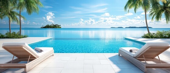 Fototapeta premium Luxury Tropical Poolside Relaxation with Stunning Ocean Views and Loungers