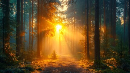 Obraz premium Golden sunlight filters through misty trees in a tranquil forest, lighting up a peaceful woodland path.