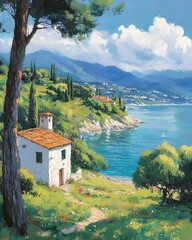 Naklejka premium Coastal Cottage with Mountain Views and Tranquil Sea