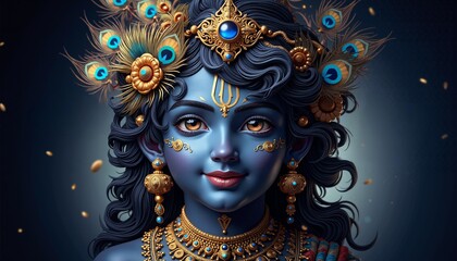Divine Krishna Portrait with Peacock Feathers and Golden Ornaments