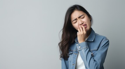 Woman feel toothache from gingivitis, female suffer tooth, decay problems, dental care. Neural network ai generated art