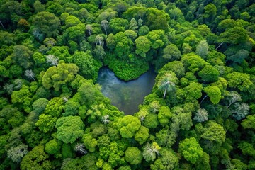 Naklejka premium Heart-shaped lake surrounded by dense green forest. Aerial landscape view
