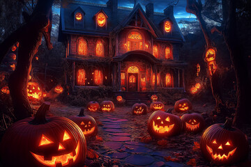 Halloween carved pumpkin jack o lantern in front of spooky castle, Halloween background, halloween creative