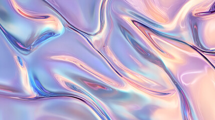 Obraz premium Abstract background with colorful iridescent holographic foil. Trendy fashion banner, pastel silver metallic wallpaper, crumpled pink and blue satin fabric