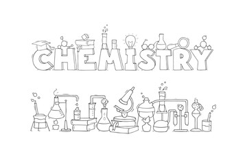 Science concepts - word Chemistry  with laboratory equipment for tests and experiments. Banner set for education, scientific or pharmacy lab with glass beakers, books, mignifier glass, vector doodle i