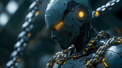Fototapeta premium A futuristic robot bound by intricate chains, each link engraved with legal codes, standing in front of towering skyscrapers, representing corporate responsibility