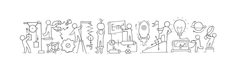 Science background with physics lab and scientists. Concept of school education, experiments, research with doodle people with magnet, laboratory equipment, vector hand drawn illustration
