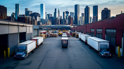 Obraz premium Multiple trucks lined up outside a busy urban warehouse, surrounded by skyscrapers, with goods being prepared for delivery to city businesses
