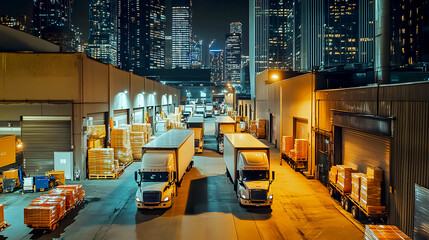 Multiple trucks lined up outside a busy urban warehouse, surrounded by skyscrapers, with goods being prepared for delivery to city businesses