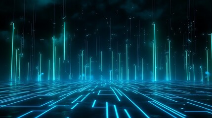Futuristic digital landscape with glowing lines and luminous pillars, representing advanced technology and virtual reality. Stage for product presentation.