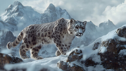 Obraz premium High-Definition Image of a Snow Leopard Prowling Through a Snowy Mountain Landscape with Snow-Covered Rocks