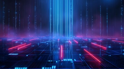Futuristic digital landscape with glowing lines and vibrant colors, symbolizing technology and innovation in a virtual environment. Stage for product presentation.
