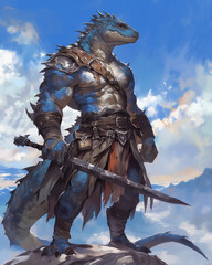 muscular lizard beastfolk warrior standing on mountain peak, holding sword, armored and battle-ready under clear sky