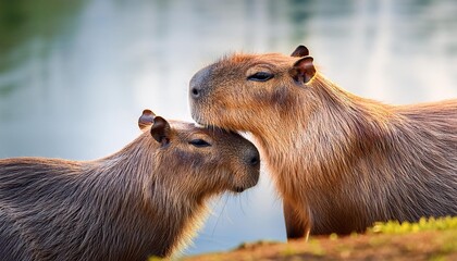 Cheerful capybara duo lounging by a river
