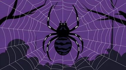 Obraz premium Central Spider Web with Tree Silhouettes, Halloween's Dark Ambiance