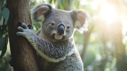 Obraz premium Close-Up of a Koala Bear Clinging to a Eucalyptus Tree with Fluffy Ears Against a Soft-Focus Background of Green Leaves