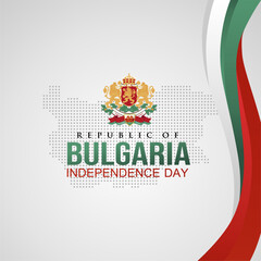 Republic of Bulgaria Independence Day 22nd September 2024 Greeting Card with Waving Flag, Dotted Map and National Emblem Illustration. Bulgaria Independence Day Background, Banner, Template, Vector