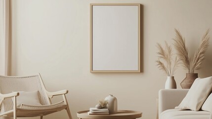 Minimalist living room with neutral tones, a framed blank canvas, plants, and simple furniture creating a serene atmosphere