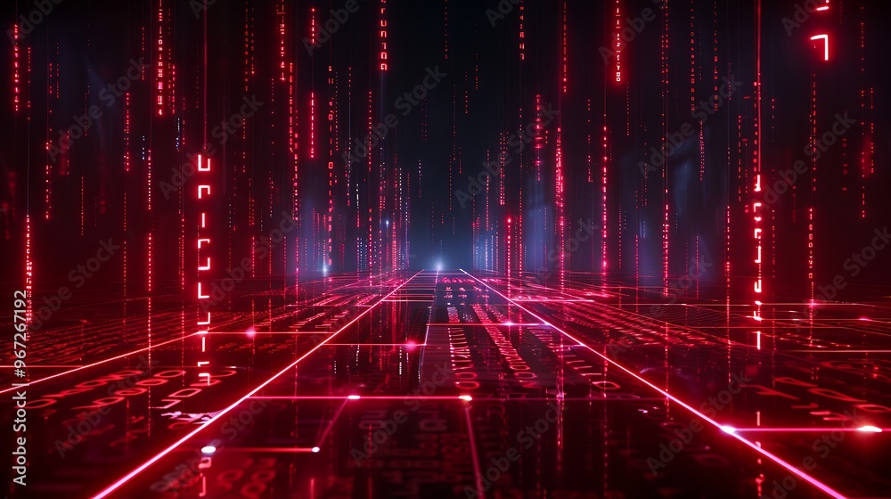 Poster futuristic digital landscape with red glowing lines and data streams, creating an immersive sci-fi a