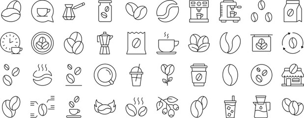 Coffee Outline Web Line Icons Collection. Editable Stroke. Minimalistic Linear Pictogram for Design of Cards, Apps, Banners, Posts