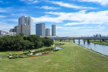 Obraz premium 快晴の新二子橋から 多摩川河川敷の兵庫島公園（東京都世田谷区）