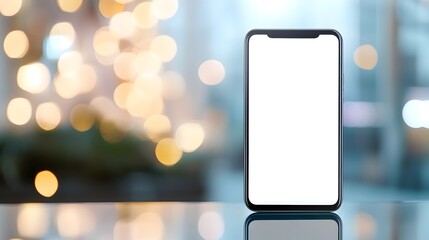 Blank Smartphone Screen on Glass Table with Urban Reflections - Modern and Sophisticated Setting Ideal for Tech and Luxury Brand Marketing