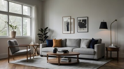 modern minimalistic living room with long sofa 