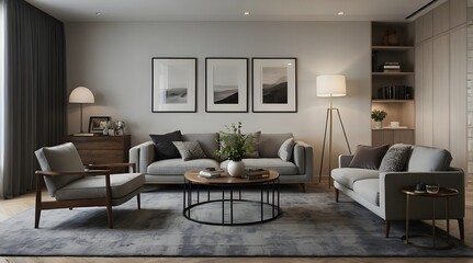 modern minimalistic living room with long sofa 