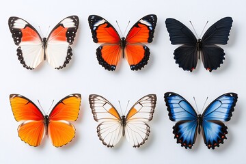 Collection of Six Vibrantly Colored Butterflies Displayed on a White Background