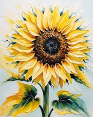 Vibrant watercolor of a bright yellow sunflower in full bloom. Vivid, detailed petals contrast beautifully with a pale blue background for a striking scene.