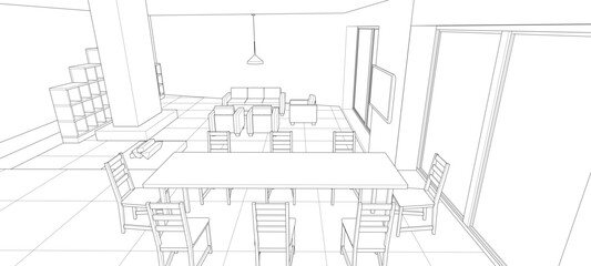 interior kitchen living room 3d illustration	
