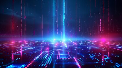 Obraz premium Futuristic digital landscape with vibrant neon lights and data streams representing technology and innovation. Stage for product presentation.