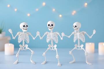 Obraz premium Skeleton Dance Party: Three white plastic skeletons get groovy under twinkling lights, a spooky yet playful scene for Halloween. 