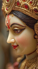 Goddess Durga with peaceful expression, showcasing intricate details and vibrant colors. This stunning representation captures essence of divinity and grace