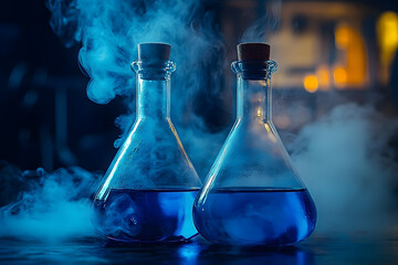 Two blue flasks emitting smoke