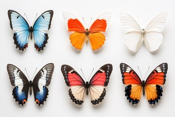 Collection of Colorful Butterflies Displayed in a Symmetrical Pattern on White