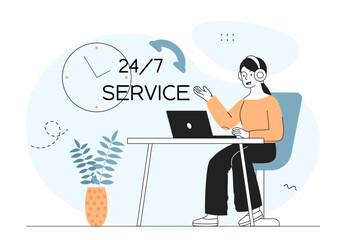 Hot line operator woman. Young girl in headset with laptop. Technical support for customers. Guide and information. 24 7 service worker. Linear vector illustration