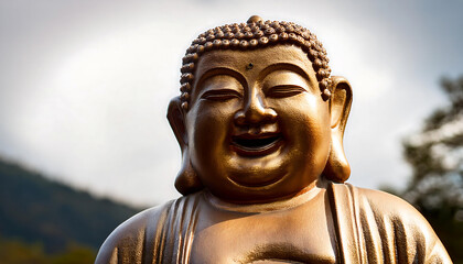 The image shows a peaceful Buddha statue with a serene expression, featuring golden and bronze tones, symbolizing spirituality and calmness, set against a minimalist background