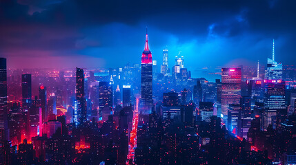 Obraz premium Night city skyline with illuminated skyscrapers and moody atmospheric lights in blue and red tones Urban energy and modern architecture