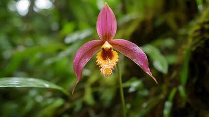 A close-up of a rare orchid species blooming in the lush undergrowth of the Amazon rainforest, surrounded by vibrant greenery 