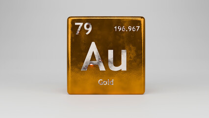 3D illustration of gold element with atomic number and atomic mass alongwith gold material
