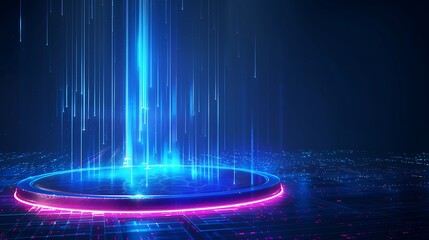 Futuristic digital platform emitting radiant blue light, ideal for sci-fi themes and technological designs. Stage for product presentation.