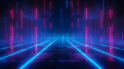 Fototapeta premium Futuristic digital scene with neon lights and glowing lines creating an immersive atmosphere of modern technology. Stage for product presentation.