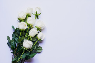 White roses, bouquet and plant with floral surprise and gift for anniversary or valentines day in studio. Mockup, flowers and above for engagement present for spring and love with white background