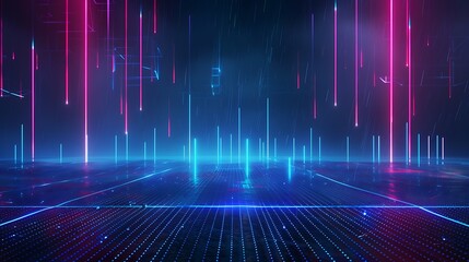 Futuristic neon background with vibrant light beams and a grid floor, perfect for technology and sci-fi themes. Stage for product presentation.