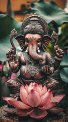 Fototapeta premium A beautifully crafted statue of Lord Ganesha sitting gracefully on pink lotus flower, surrounded by lush greenery. This serene representation evokes sense of peace and spirituality