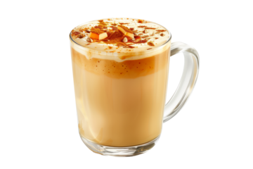 Cup of rich creamy coffee or chai latte crowned with fluffy whipped cream and a sprinkle of cinnamon isolated on white background with clipping path. The warm beverage for cozy afternoon, radiating co